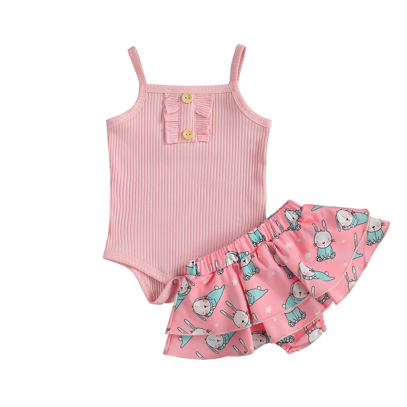 

OPPERIAYA 2Pcs Fashionable Baby Girls Easter Outfit Summer Breathable Solid Sleeveless Suspender Bodysuit Bunny Print Skirts Set