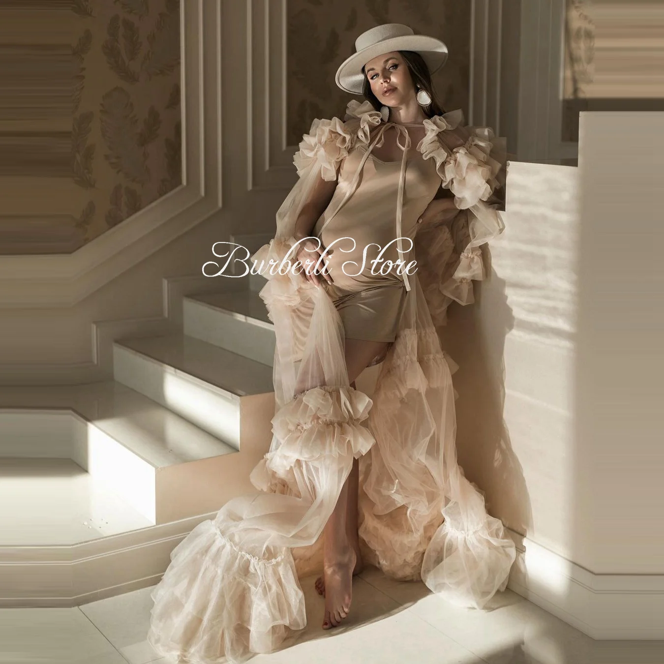 Two Pieces Tulle Maternity Women Dress With Bodysuit To Photo-shoot New Fashion Ruffles Pregnancy Dresses Mesh Jacket See Thru