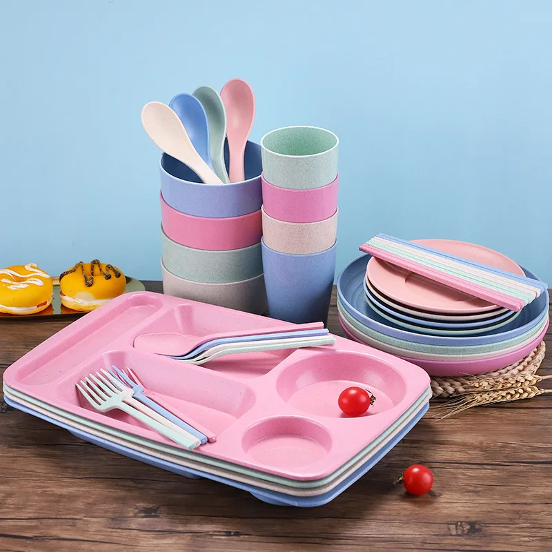 

Wheat straw children's tableware anti falling six piece set kindergarten grid plate rice bowl cup chopsticks fork spoon students