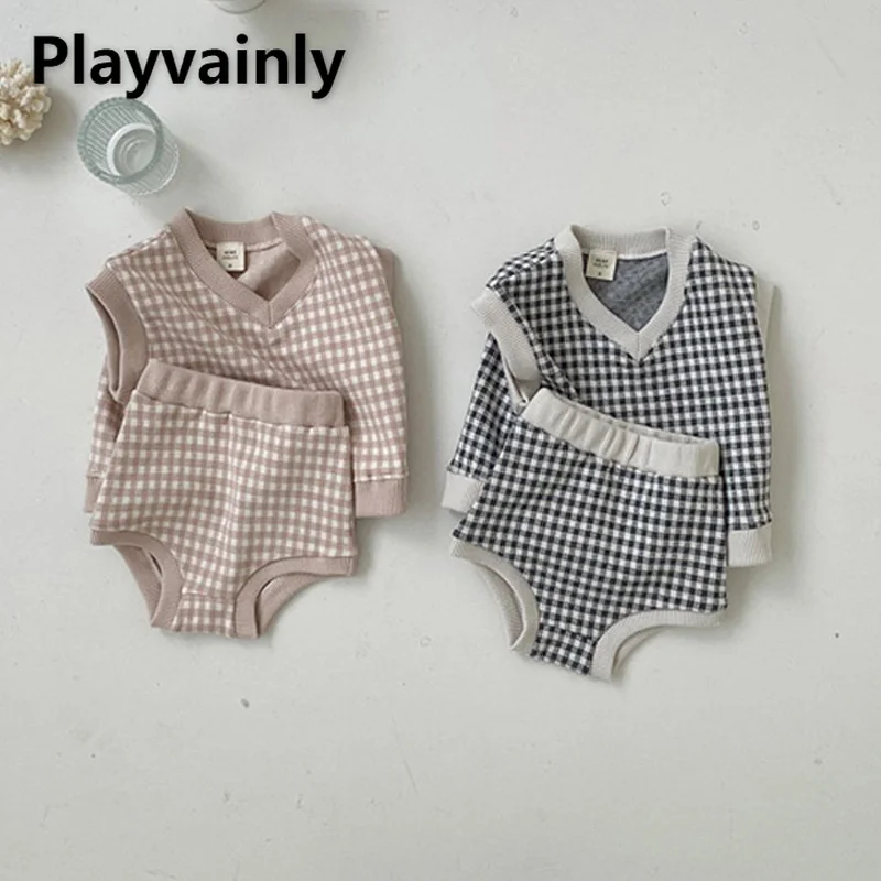 

2022 Ins Korean Style Infant Baby Spring Sweater Baby Boys Girls 2pcs Sets Plaid V-neck Vest+PP Shorts Bebe Outfits E3680