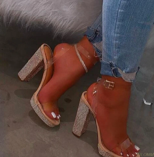 

2020 Women Shoes Fashion Pvc Clear Sandals Ankle Strap High Heel Female Sandals Night Club Platform Heels Back Zip Block Heel