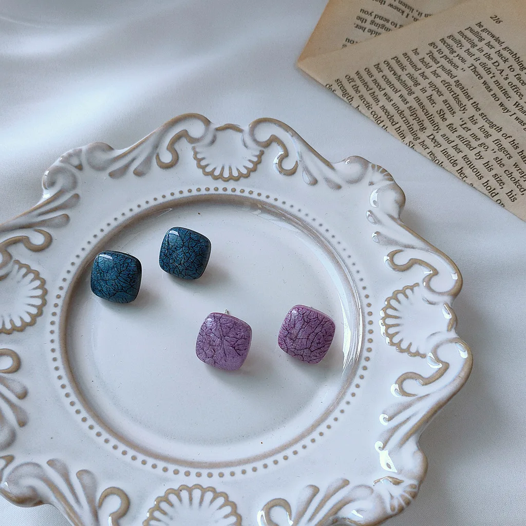 

925 Silver Needle Resin Square Retro Earrings