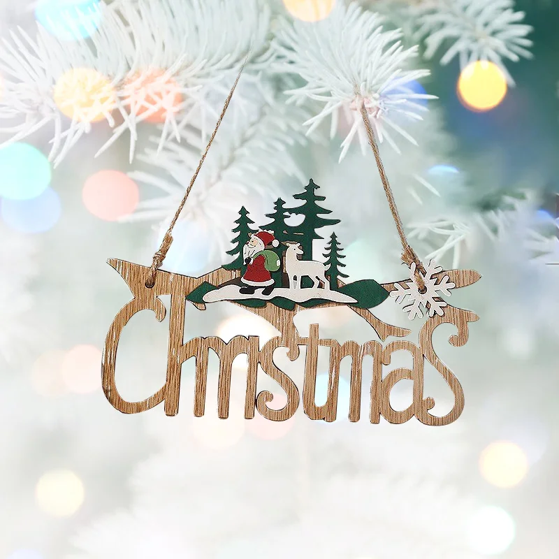 

Merry Christmas Sign Wooden Hanging Ornaments Hollow Letter Card with Elk Snowman Santa Christmas Tree Pendants DIY Home Decor