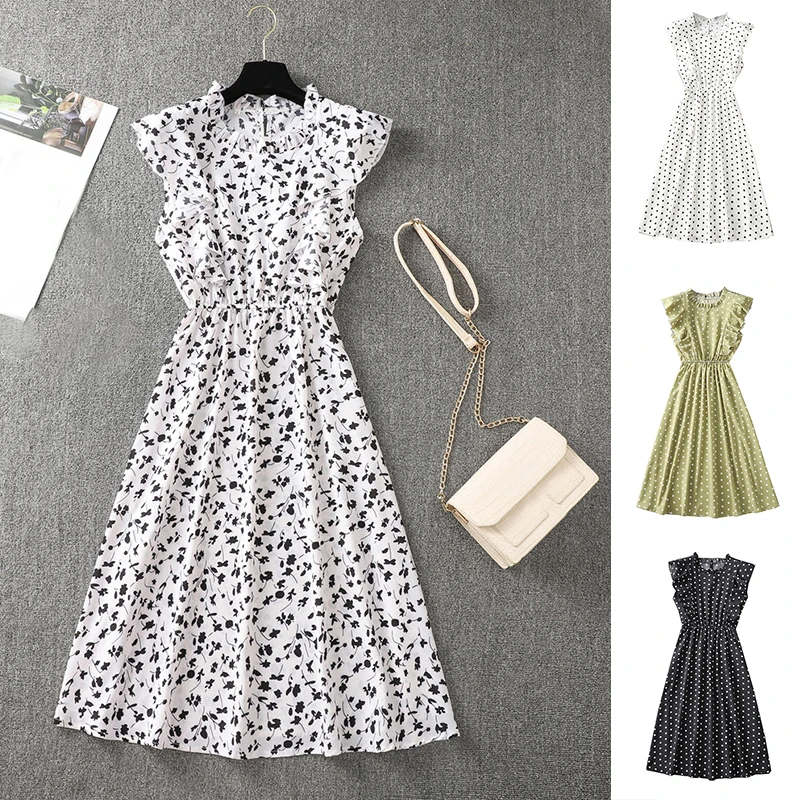 

New Fashion Elegant Ruffles Dresses Soft Comfortable Breathable Hearts Flowers Polka Dots Dress Crew Neck Sleeveless Dress Hot