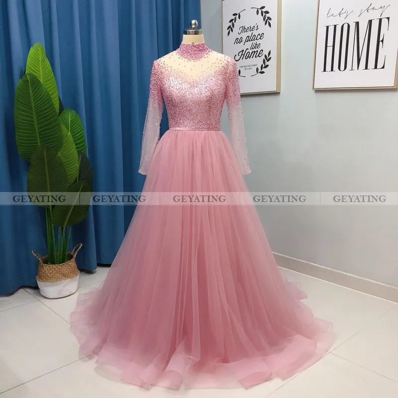 Элегантное розовое пыльное мусульманское вечернее платье с высоким воротником и