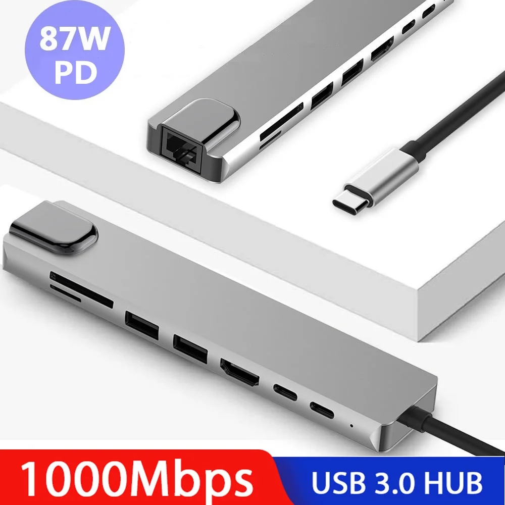 8in1 USB c концентратор thunderbolt 3 Тип c к HDMI 4 к UHD 87 Вт PD Быстрая зарядка USB3.0 концентратор 1000 Мбит/с конвертер передачи Тип c адаптер