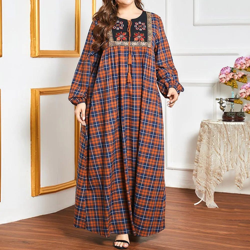 

Muslim Middle East Women's Dress Fashion Loose Casual 2021 Spring Summer Printing Lattice Embroidered Splicing Long Sleeve