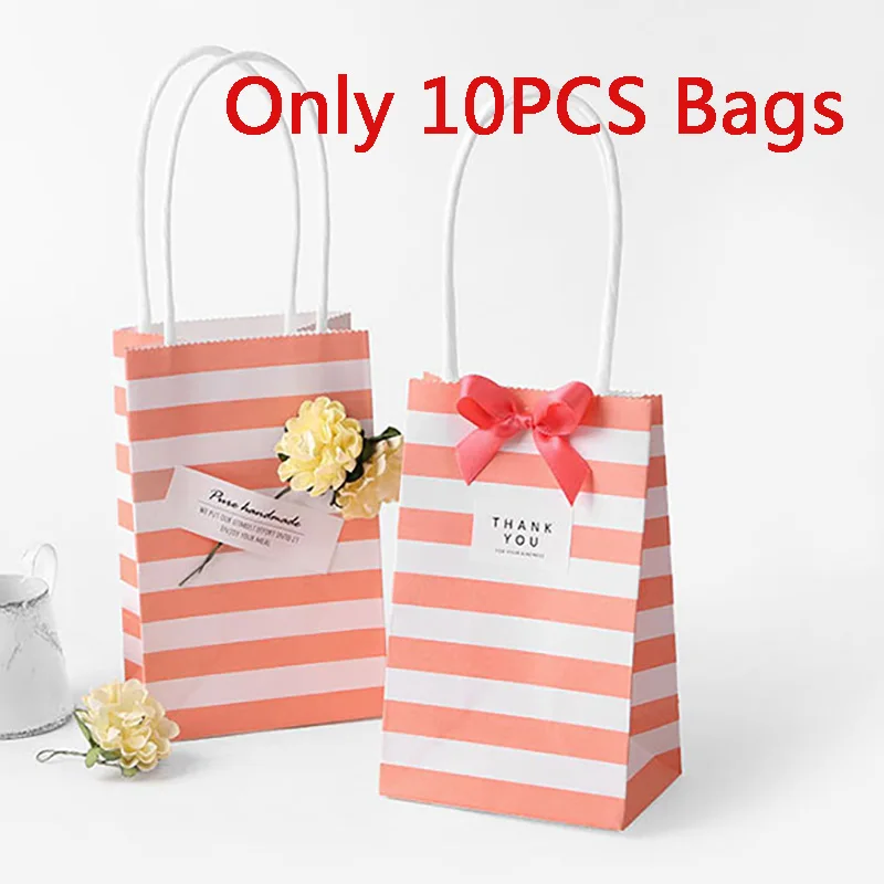 10 pcs pink 10 шт. бумажный подарочный пакет в полоску, упаковка для конфет, печенья, подарок, подарочная упаковка, крафт-бумага, Бонбоньерки для свадебной вечеринки, сумки для сладостей - Цвет: 10 pcs pink