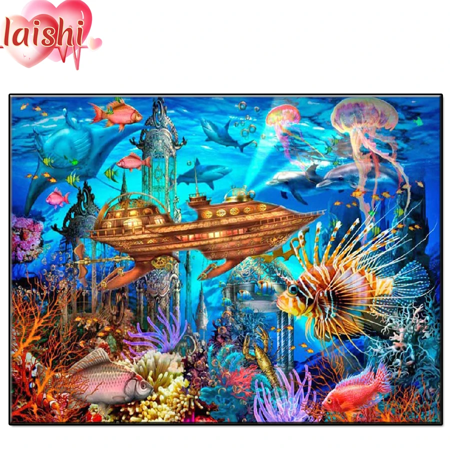 

Подводный пейзаж с животными, полный круг, квадратная картина из страз, искусственная мозаика, набор для украшения дома, подарок