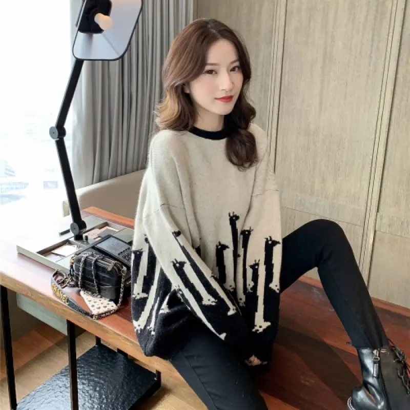 

2021 Spring Autumn New Women's O-Neck Color Matching Pullover Fashion Warm Knitted Bottoming Shirt Sweater Y292