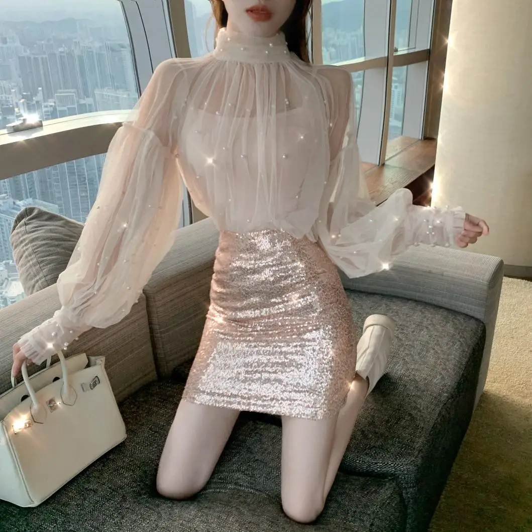 

Women Spring Beading Mesh Blouses Sweet Lantern Sleeve Pearls Gauze Sexy Ladies Elegant Shirt Tops Stand Collar Chiffon Cloth