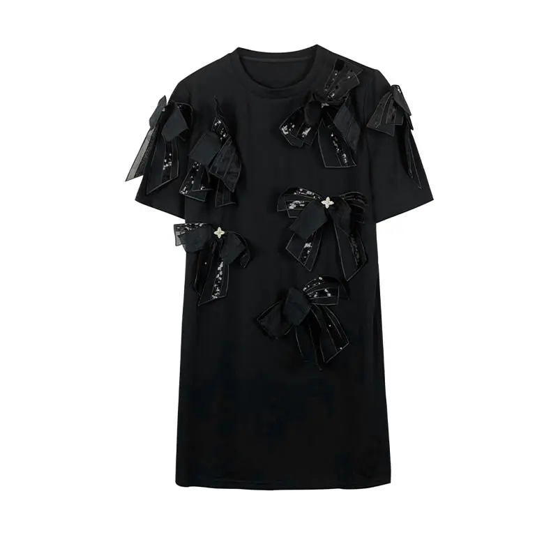 

XITAO Three-dimensional Splicing Bow Dress Solid Color Casual Loose O-neck Collar 2021 Summer New Trendy All-match WLD6291