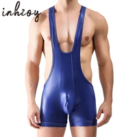 sexy mens undershirts pu leather bodysuit one piece leotard clubwear wrestling singlet gay penis pouch jumpsuits