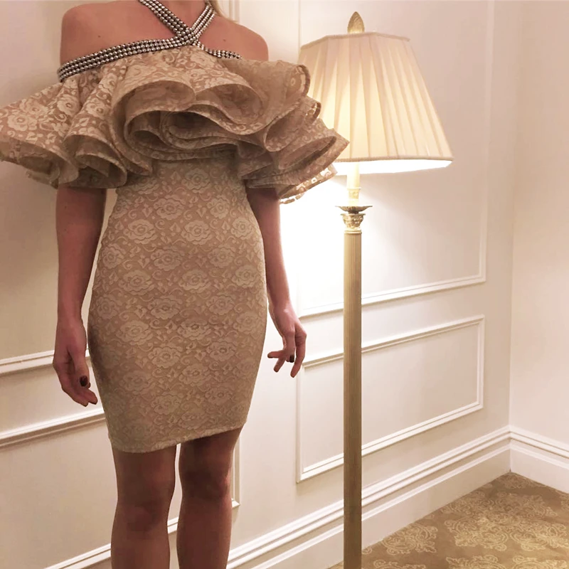 Летнее сексуальное Бандажное платье 2019 облегающие Бежевые женские платья с