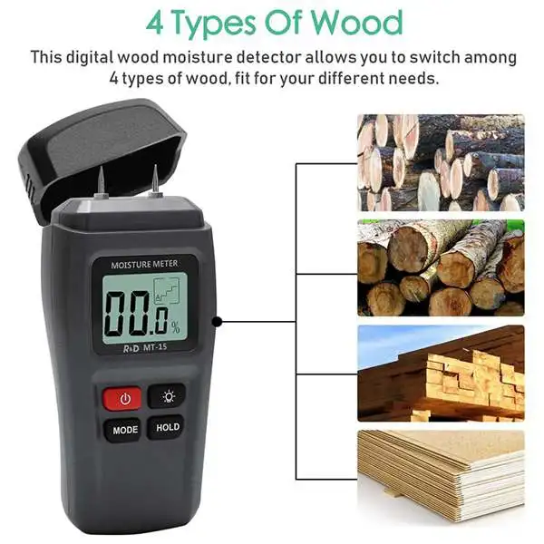 

MT15 Two Pins Digital Wood Moisture Meter 0-99.9% Wood Humidity Tester Timber Damp Detector with Large LCD Display