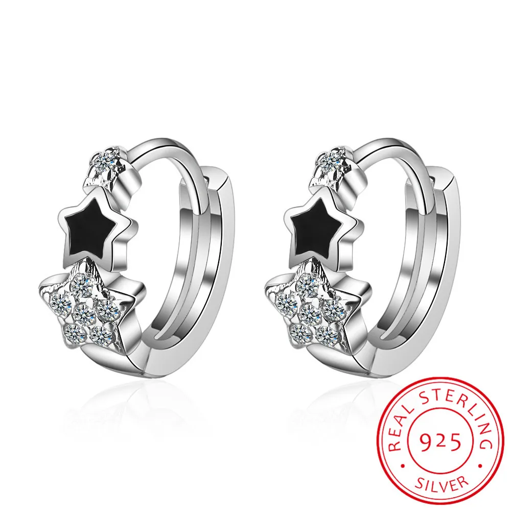 

Charm Stars Clear CZ Hoop Earrings 100% 925 stamp silver color Black Enamel Exquisite Jewelry For Women Party Wedding Gift