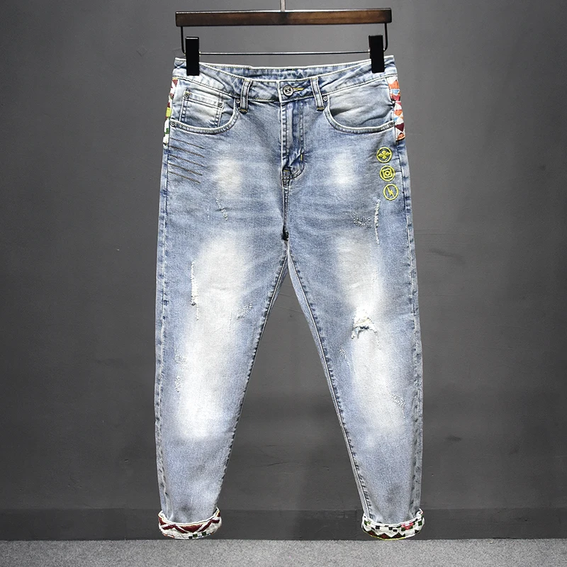 

Fashion Streetwear Men Jeans Retro Light Blue Elastic Cotton Patchwork Embroidery Designer Punk Trousers Hip Hop RIpped Pants