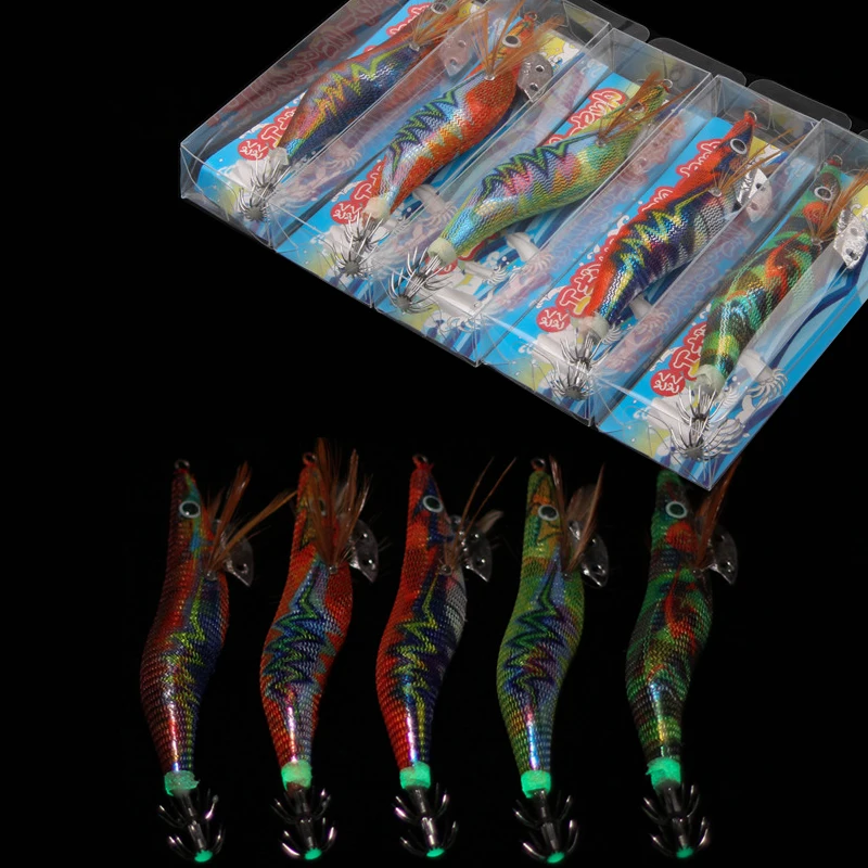 10pcs Luminous Squid hook bait 12g 14.5g Wood Shrimp Lure wraped laser stickers for octupus Cuttlefish Jigging fishing hooks