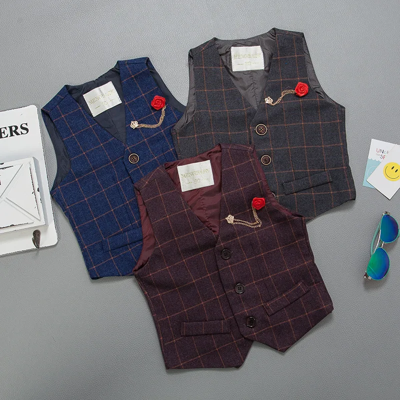Весенне-осенний жилет для мальчиков Детский деловой в клетку шерстяная одежда