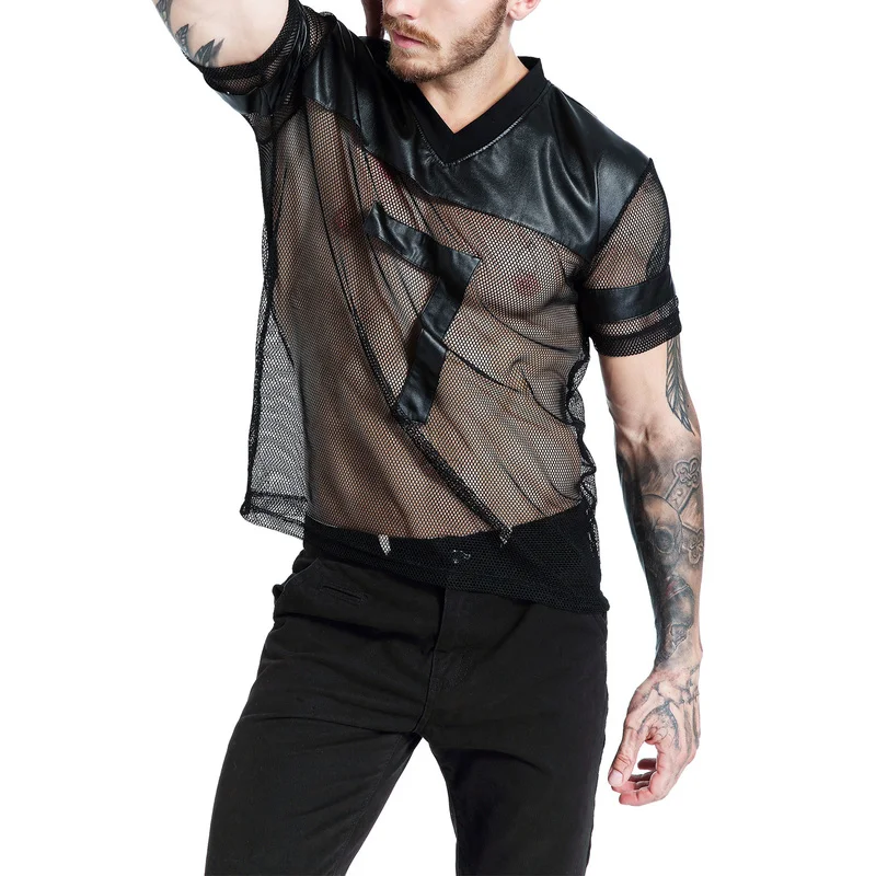 Men Undershirt Sheer Mesh PU Leather Patchwork T-shirts Breathable Gym Sports Jogging Shirts Male Wetlook Erotic Club Wear Tops | Мужская