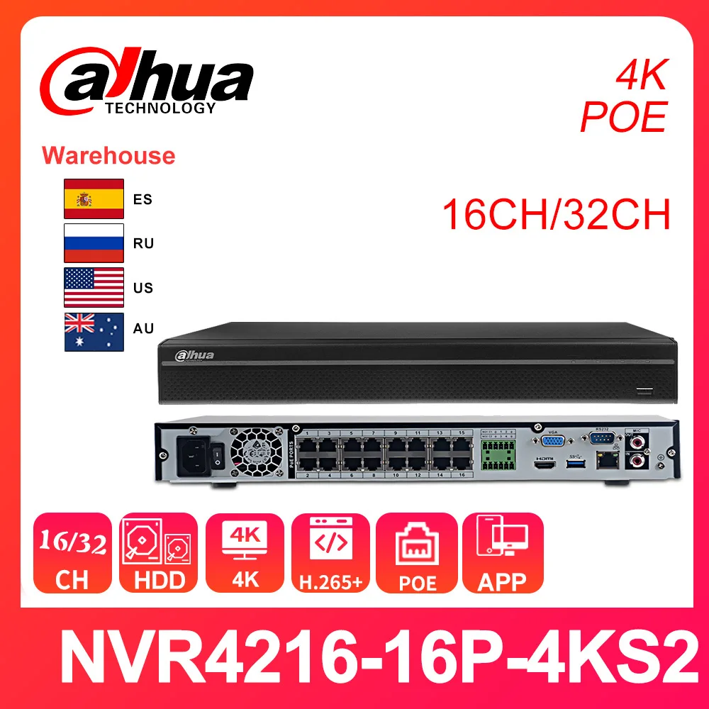 Dahua PoE 4K NVR 16ch 32CH NVR4232 16P 4KS2 16CH NVR4216 8CH NVR4208 8P с HDD Port 8MP H.265 + P2P APP IP Camera|Видеорегистратор