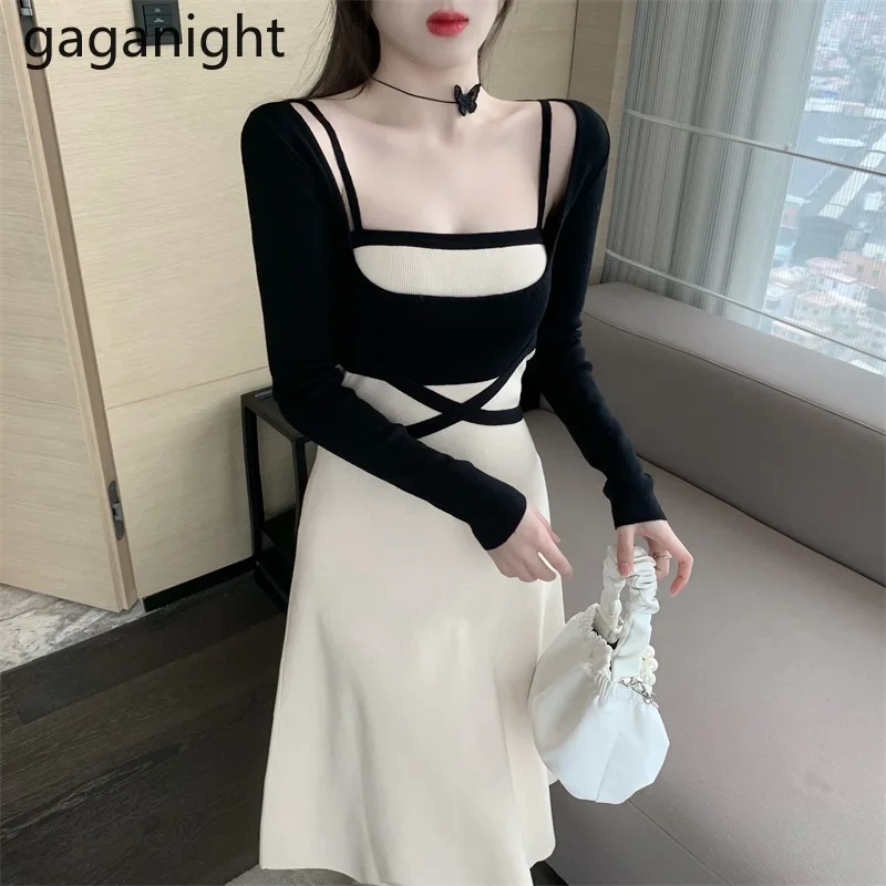 

Gaganight корейский однотонный вязаный шикарный винтажный из двух частей с длинным рукавом с бантом и поясом Топы элегантные женские платья на ...
