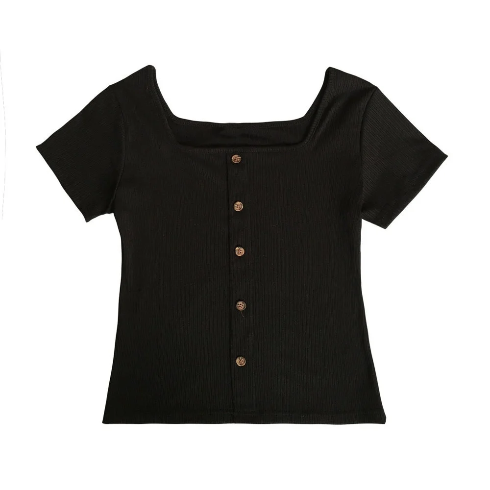 

Retro Square Collar Ins Short-Sleeved T-shirt Summer Wear for Women New Style Non-Mainstream Short Slim-Fit Clavicle Top