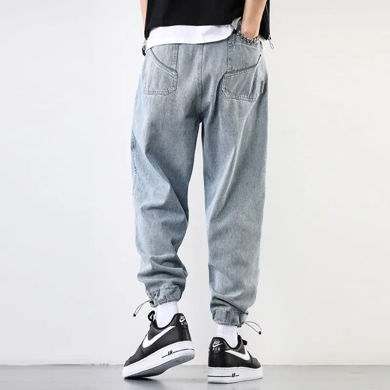 Autumn Men's Jeans Ankle-Tied Fashion Baggy Jeans High Street Elastic Waist Capri Trendy Retro Distressed Jeans Hip Hop Pants
