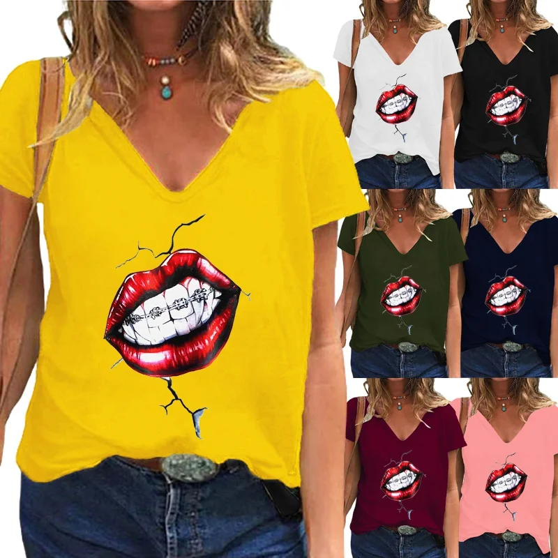 

Arrived Womens Summer Fashion Short Sleeve V-Neck T-shirt Red Lips Printed Casual Shirt Loose Plus Size Blouse Tops