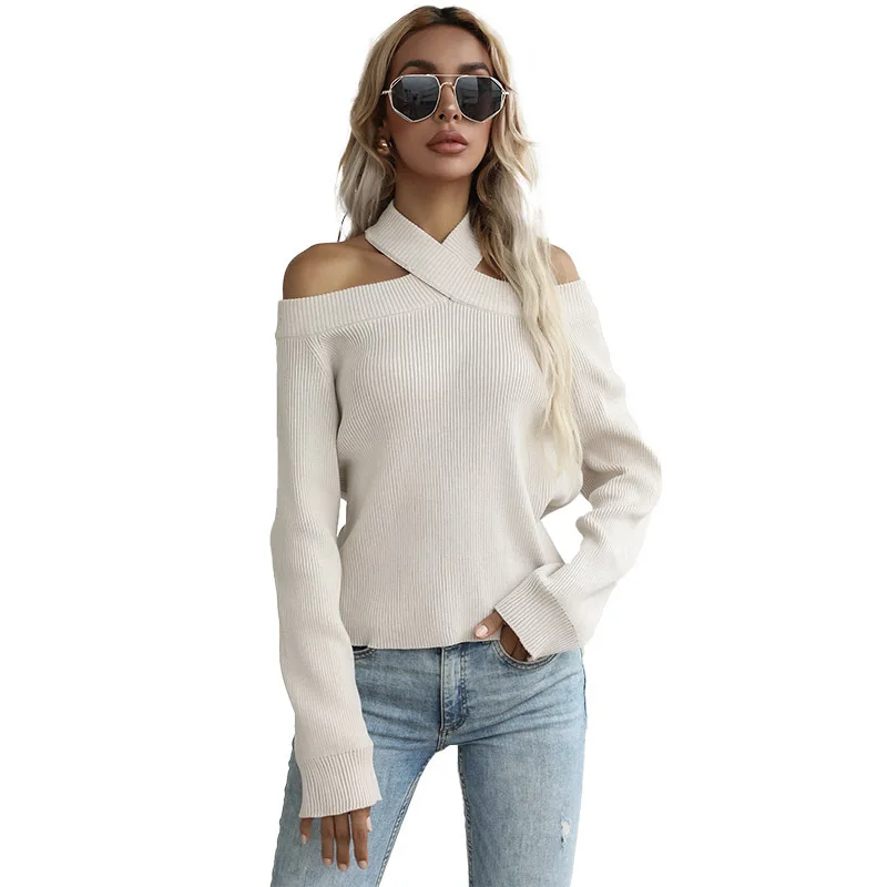 

Women's Autumn/winter 2021 Knitted Pullover Jacket Hollow Cross Hanging Neck Strapless Slim Sweater