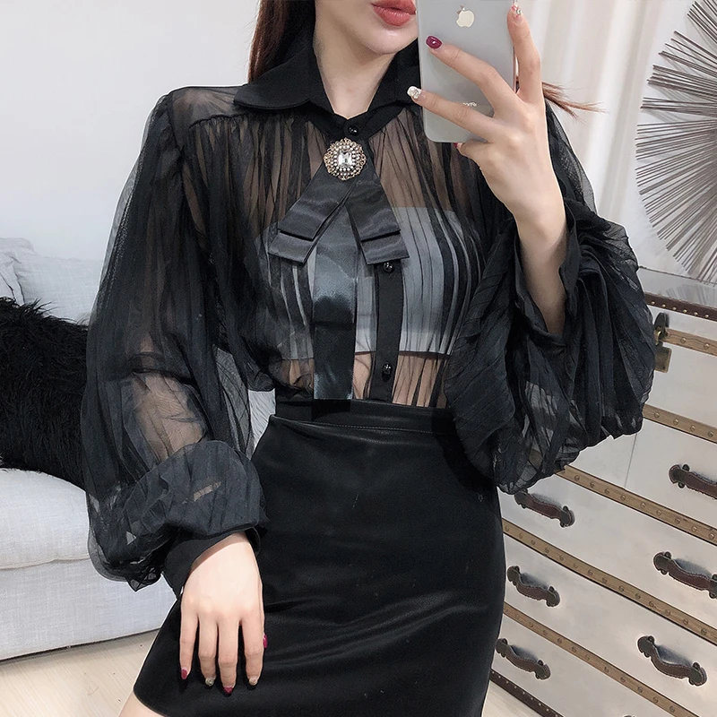 Новинка 2020 женская шифоновая Свободная рубашка с длинными рукавами фонариками