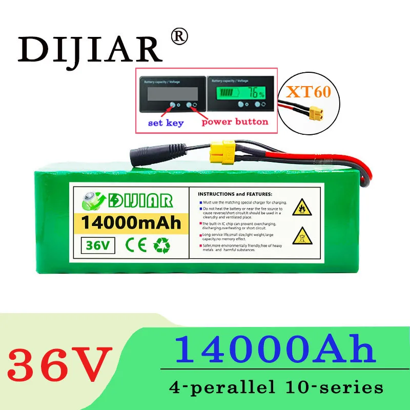 

Аккумулятор Dijiar XT60 36 В, 14000 мАч, 10S4P, 500 Вт, аккумулятор высокой мощности 36 В, 14000 мАч для электровелосипеда, BMS + дисплей аккумулятора