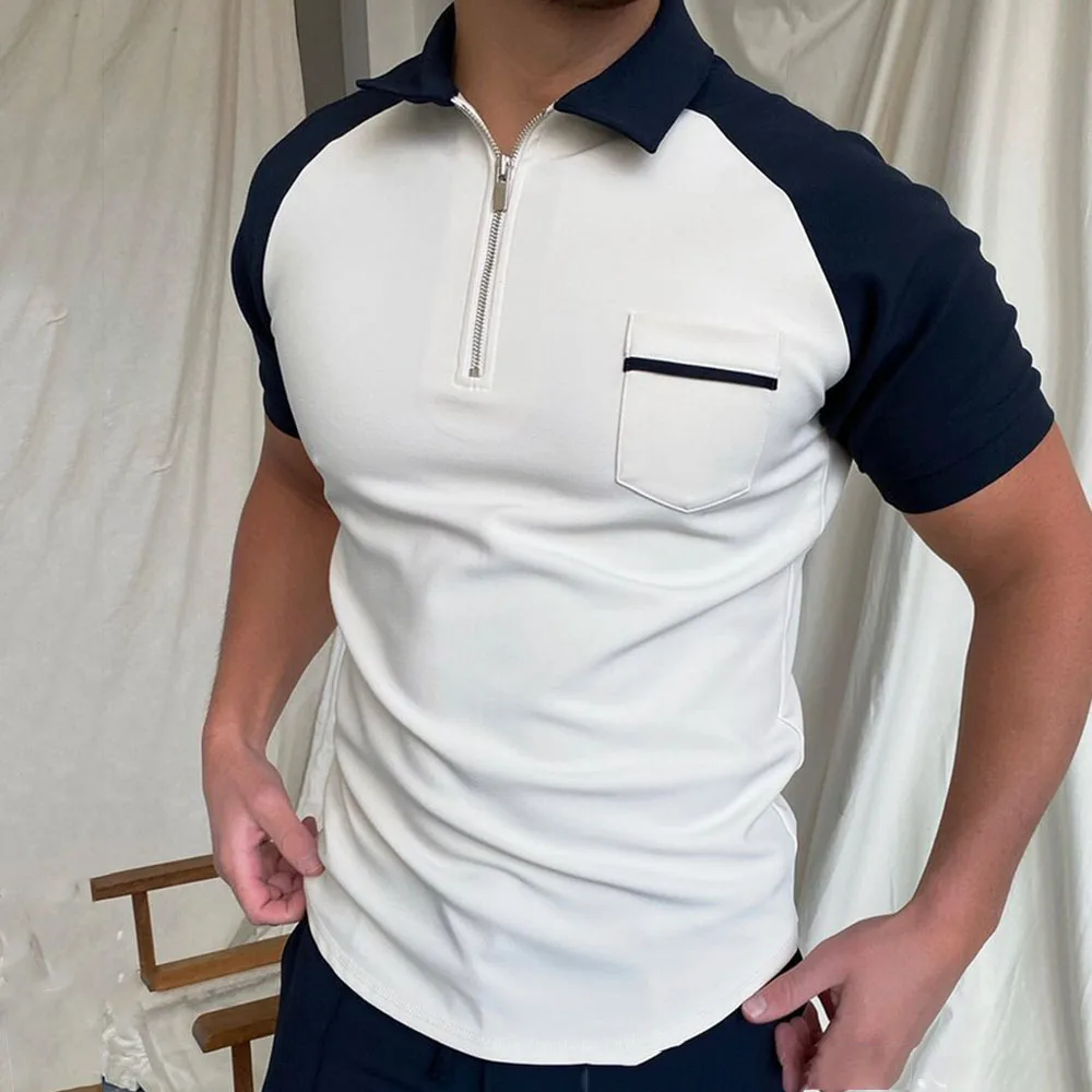 

2021 Summer Fashion Temperament Western Style Polo Shirt Zipper Color Contrast Splicing Casual Lapel Summer