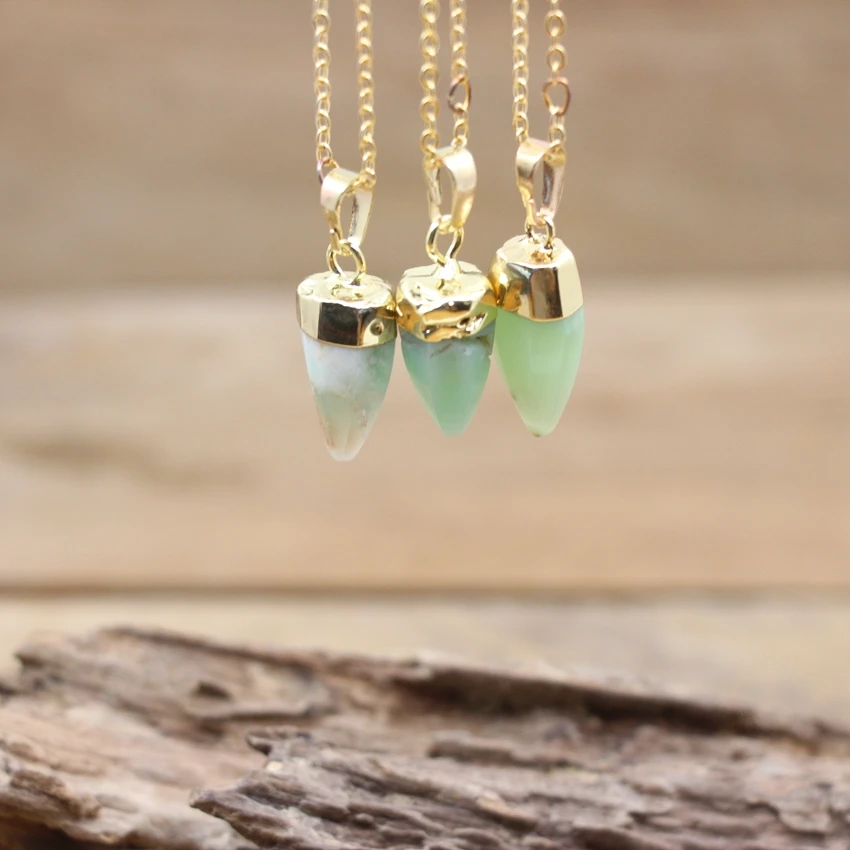 

Natural Green Australian Jades Stones Bullet Shape Point Pendant Gold Plating Chains Necklace Women Men Gemstones Jewelry,QC3159