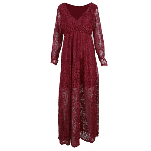 Wine Red Женское длинное платье с v-образным вырезом для беременных; реквизит для фотосессии; кружевная Одежда для беременных; элегантные платья для беременных; фотосессия - Цвет: Wine Red