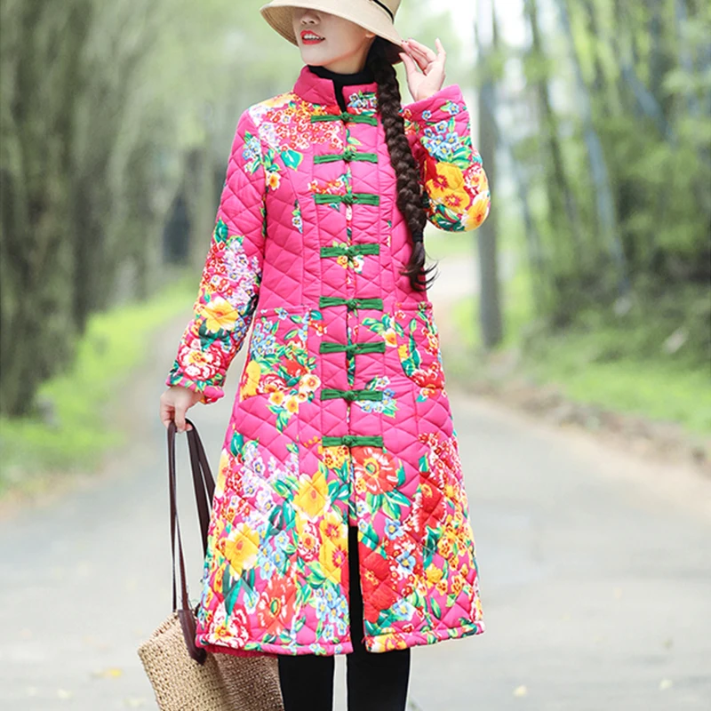 

2019 осенне-зимняя женская новая длинная хлопковая куртка в китайском стиле пальто с цветочным принтом и стоячим воротником, большие размеры,...