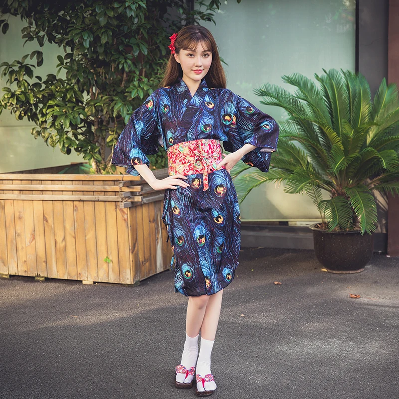 Синий юката 2019 японский модный халат женский кимоно хаори Obi женские