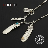 solid 925 sterling silver feather necklace for men vintage turquoise charms eagle pendant chain new fine jewelry p25