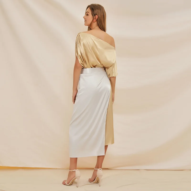 

Elegant Women Two Pieces Dress Set Ladies One-Shoulder Long Dress Female High Waist Party Dress for Summer Vestidos