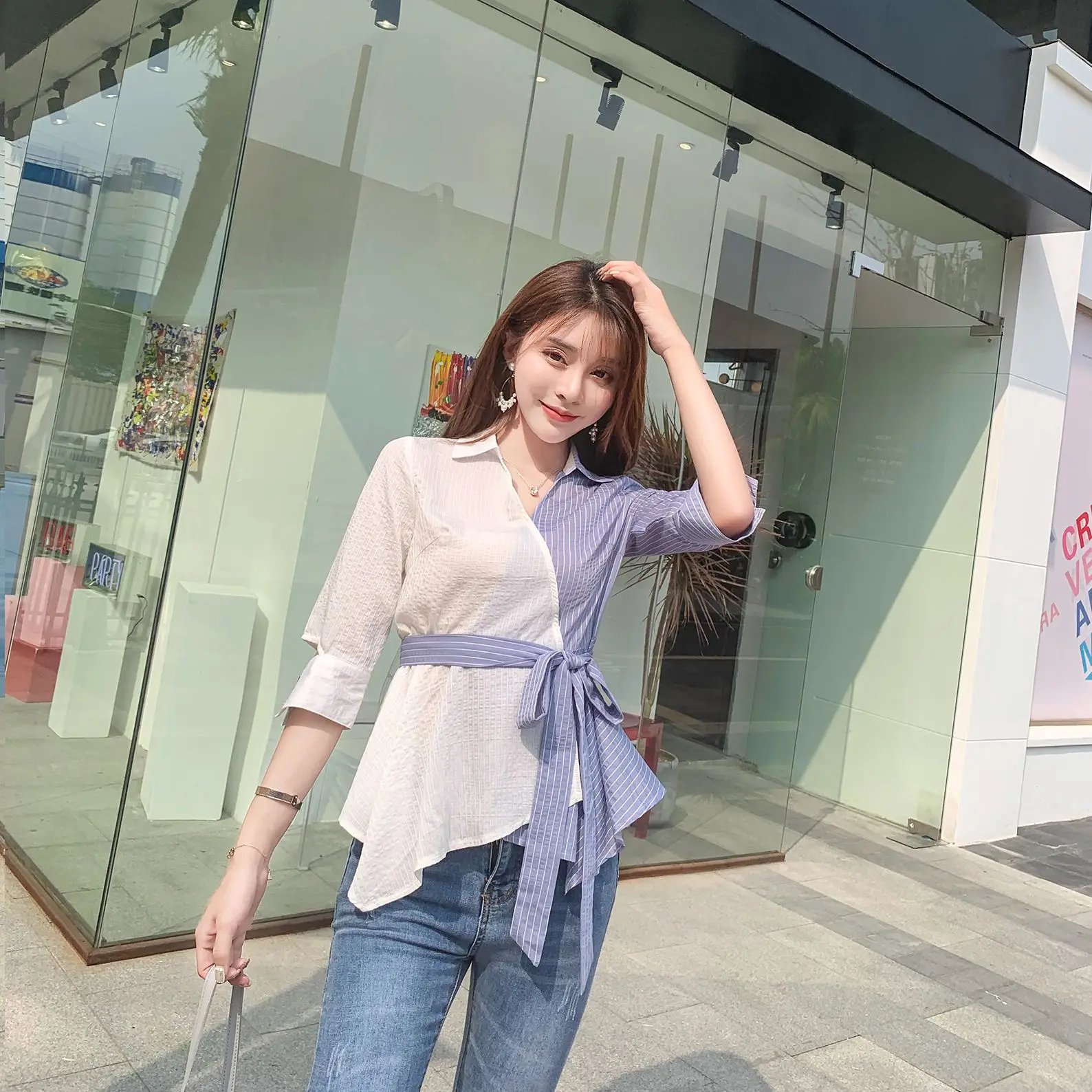 Повседневная Лоскутная рубашка COIGARSAM женские топы летние милые полосатые