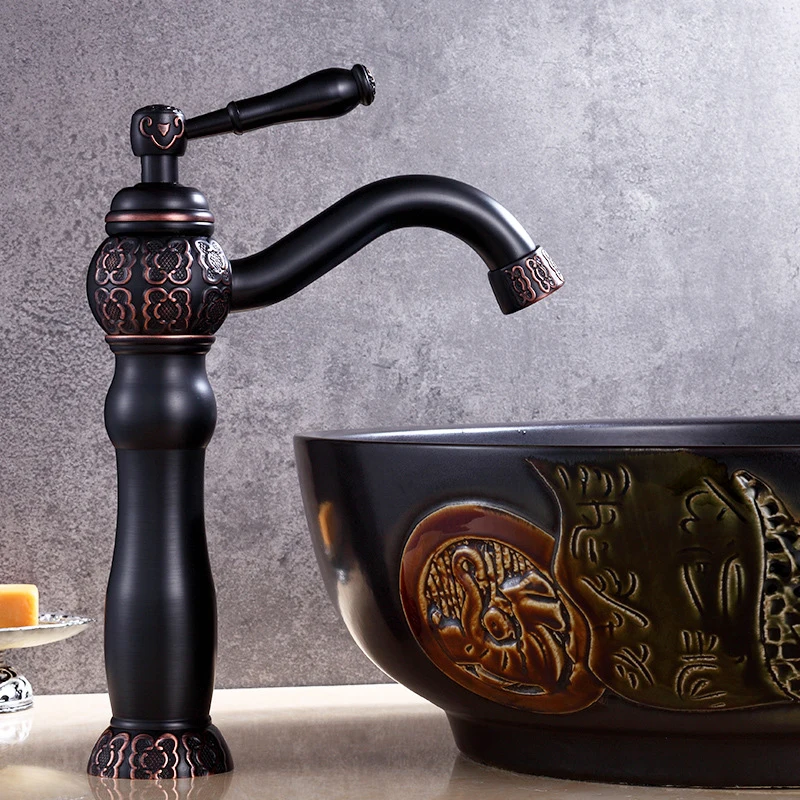 Смеситель для раковины Черный Масляный латунный резной смеситель в ванной
