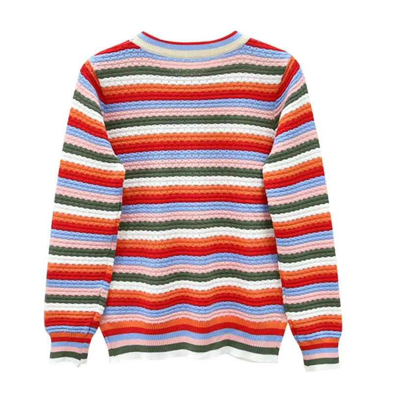 

Fashion Colorful Stripes Print Women Sweater Autumn Winter New Slim Long Sleeved Round Collar Slim Bottom Knit Sweater Tops
