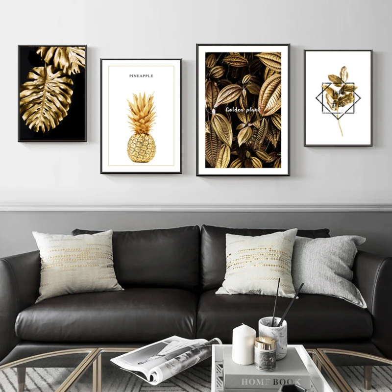 

Golden Home Decoration Light Luxury Leaf Living Room Poster Background Wall Simple American Frameless Printing Art Canvas Mural