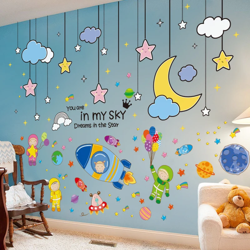 

Outer Space Astronauts Rockets Wall Stickers DIY Stars Hangings Stickers for Kids Rooms Baby Bedroom Nursery Home Decoration