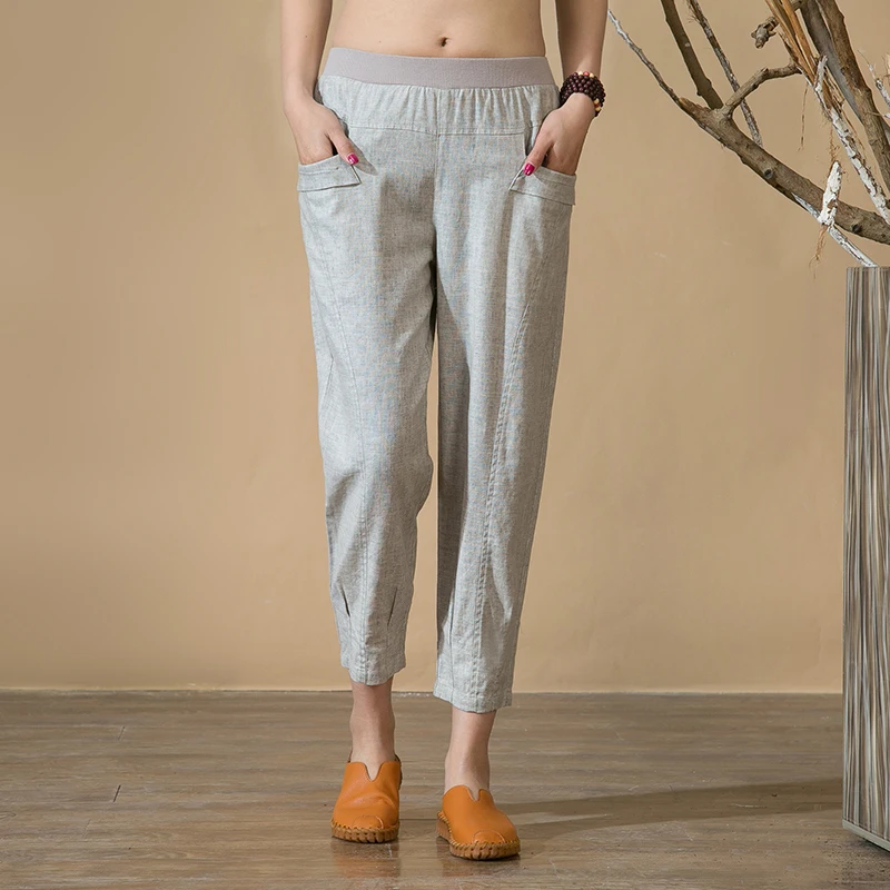 

Women Casual Harem Pants Spring Summer Ankle-length Trousers Female Elastic Waist Women Pants Cotton Linen High Waist Pants