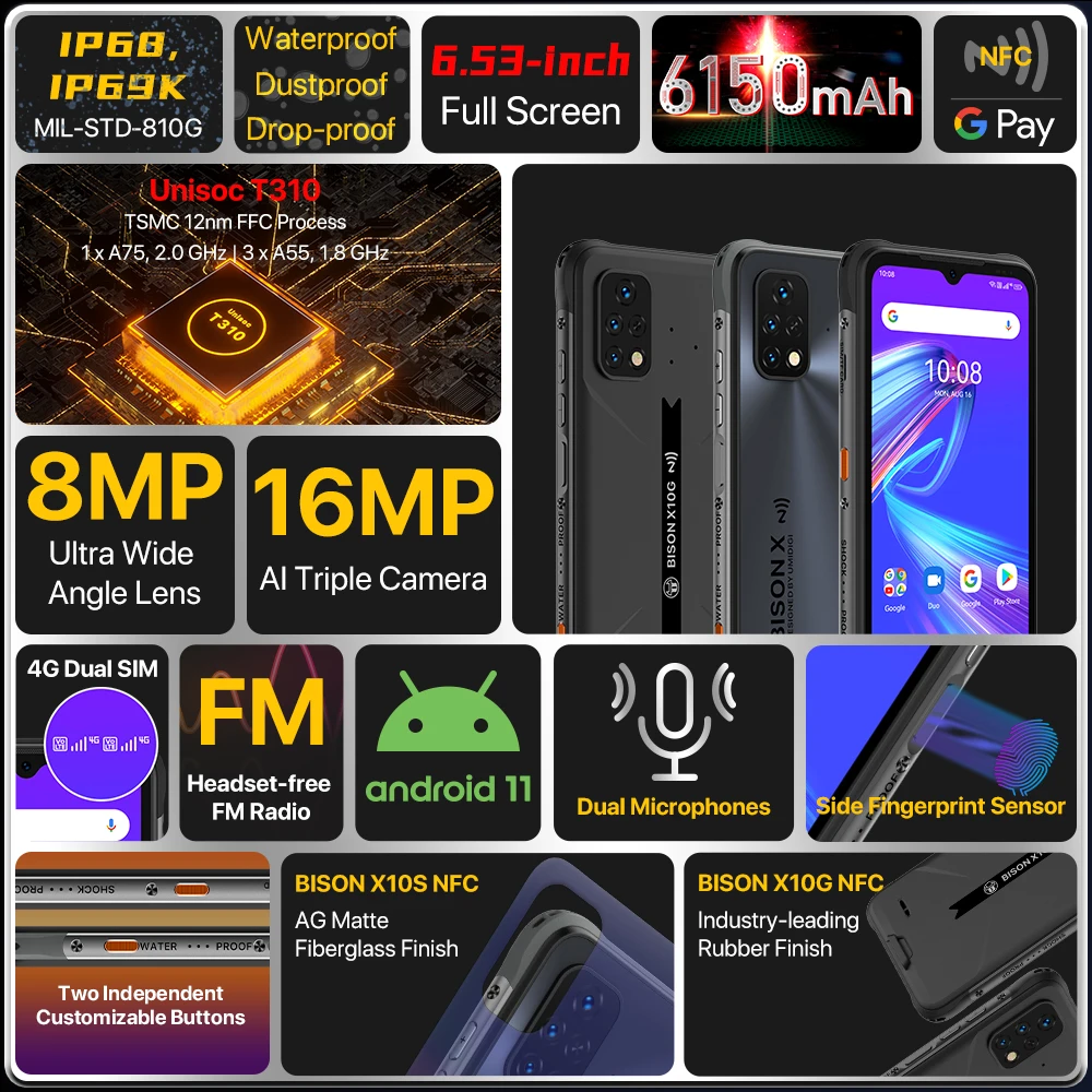 umidigi bison x10s x10g ip68ip69k waterproof rugged phone nfc 6 53 hd 4gb64gb 6150mah battery smartphone free global shipping