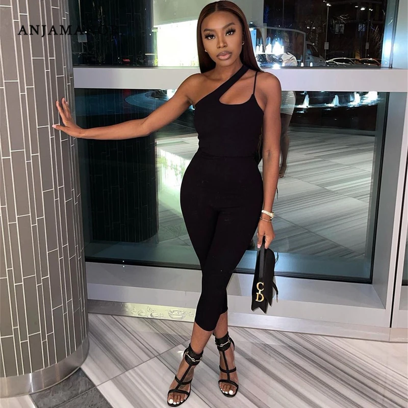 

ANJAMANOR Black Cut Out One Shoulder Sleeveless Jumpsuit 2021 Fashion Womens Summer Clothing Romper Sexy Club Outfits D44-CA19