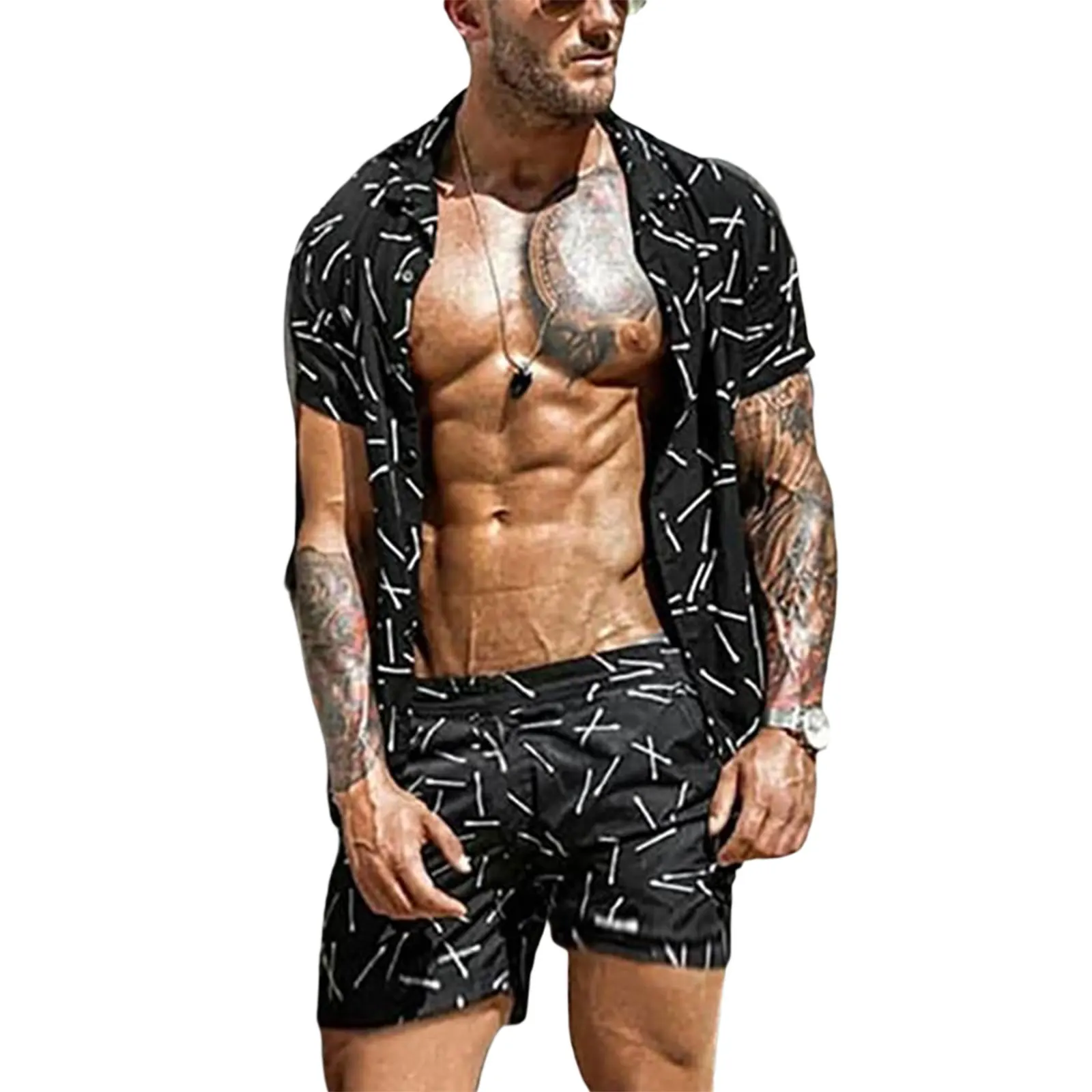 

Men Hawaiian Sets Printing 2021 Summer Short Sleeve Button Shirt Beach Shorts Streetwear Casual Mens Suit 2 Pieces S-3XL