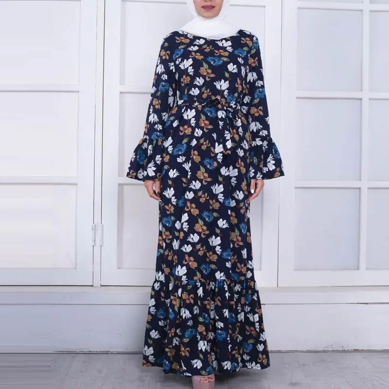 MISSJOY марокканский кафтан абайя Vestido terciopelo Chaplet islamique мусульманское женское платье с длинным рукавом и принтом на Ближнем Востоке - Цвет: Navy