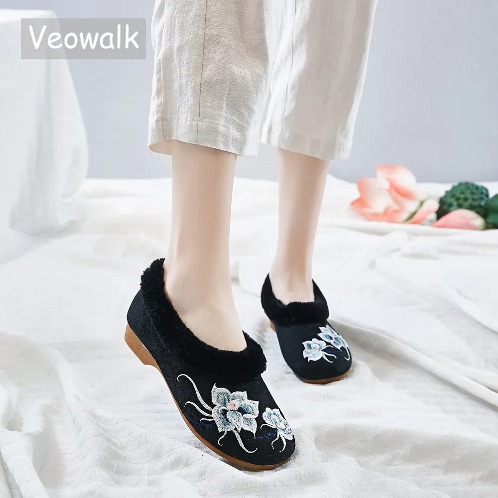 Женские парусиновые балетки Veowalk теплая винтажная комфортная обувь с вышивкой и